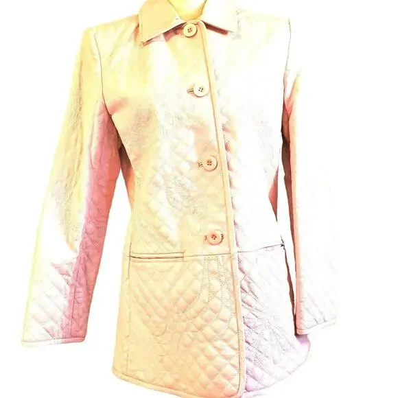 Vintage Pamela McCoy Pink Classic Quilted Leather Coat Size S Lined 2 Pockets - Picture 1 of 10